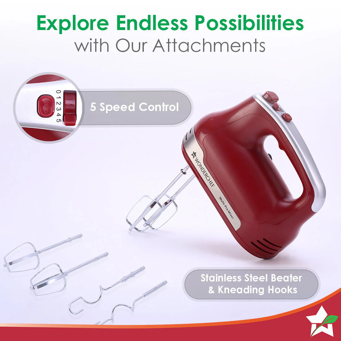 Wonderchef Renewed Crimson Edge 5 Speed Electric Hand Mixer | 300W Powerful Copper Motor | TurboSpeed I Adjustable Slow Speed Start I Hand Blender | Stainless Steel Whisk Beaters and Dough Hooks | 1 Year Warranty - Image 4