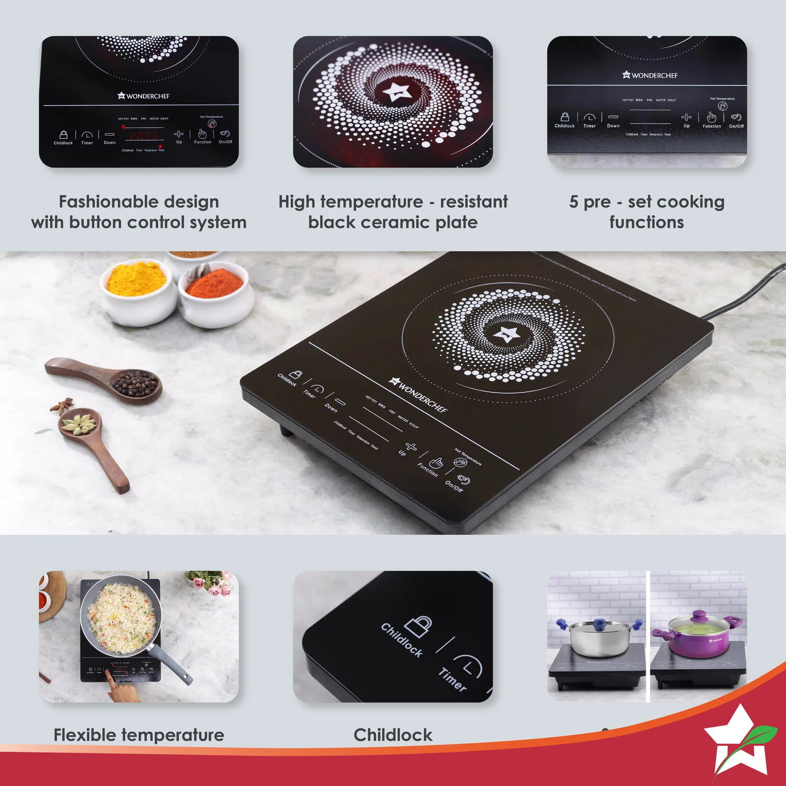 Wonderchef Renewed Easy Cook Hot Plate Infrared Cooktop with Feather Touch Control & Child Lock Feature | 2000 Watt Induction Cooktop | Crystal Glass Top Surface | LED Digital Panel | Smart Touch Buttons - Image 3