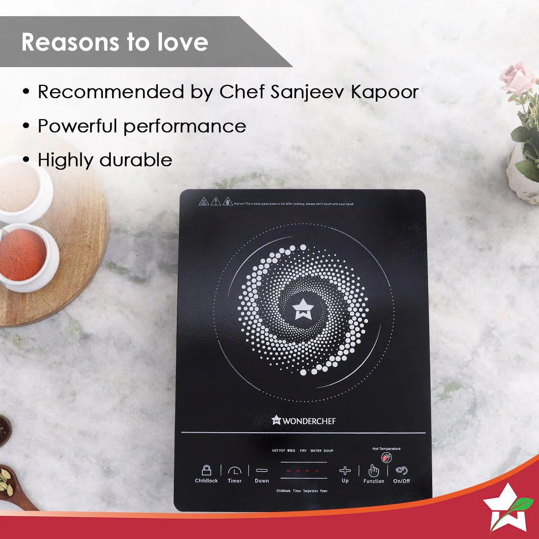 Wonderchef Renewed Easy Cook Hot Plate Infrared Cooktop with Feather Touch Control & Child Lock Feature | 2000 Watt Induction Cooktop | Crystal Glass Top Surface | LED Digital Panel | Smart Touch Buttons - Image 5