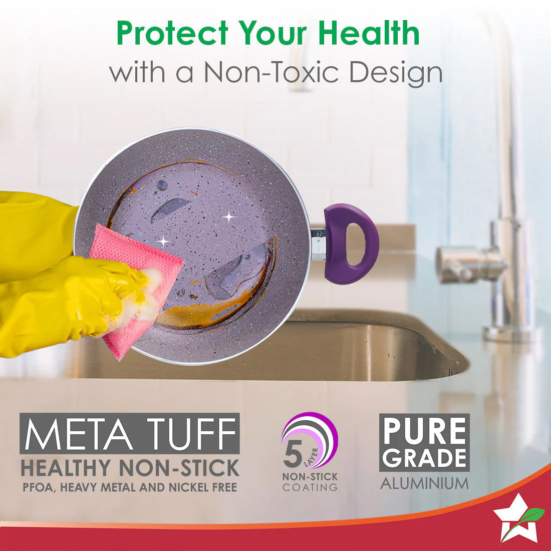Royal Velvet Non-stick 24cm Kadhai with Lid and Handles | Glass Lid | Induction Ready | Soft-touch handles |Non – Toxic I Virgin Aluminium| 3 mm thick | 2 year warranty | Purple - Image 3