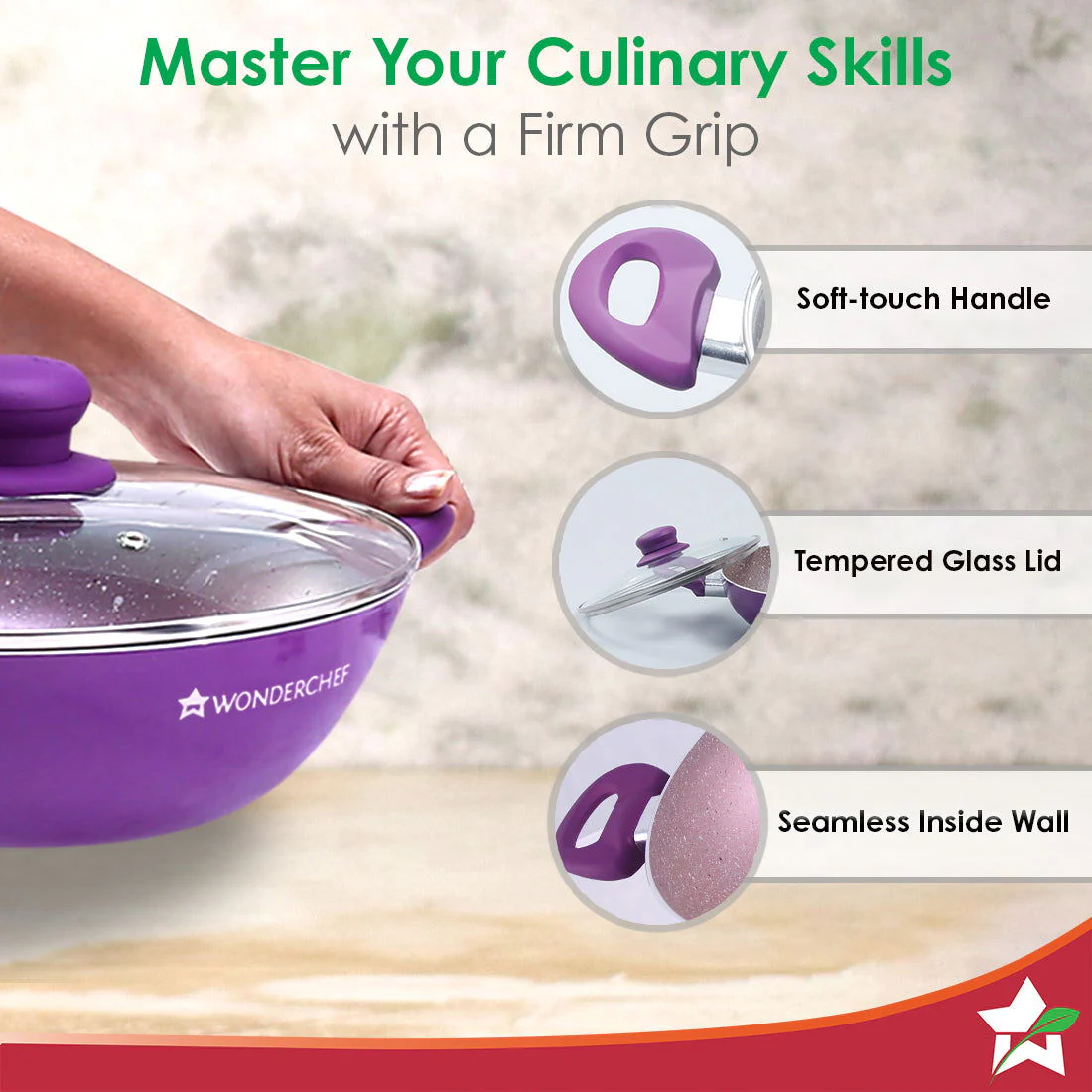 Royal Velvet Non-stick 24cm Kadhai with Lid and Handles | Glass Lid | Induction Ready | Soft-touch handles |Non – Toxic I Virgin Aluminium| 3 mm thick | 2 year warranty | Purple - Image 6