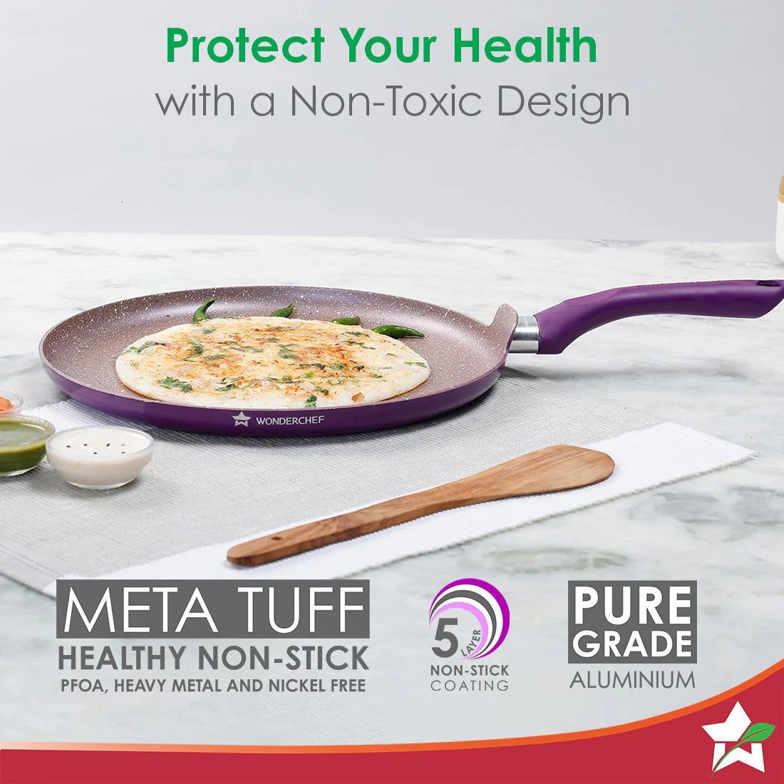 Royal Velvet Non-stick 28cm Dosa Tawa I Induction Ready | Soft-touch handles |Non – Toxic I Virgin Aluminium| 3 mm thick | 1.8 litres | 2 year warranty | Purple - Image 3