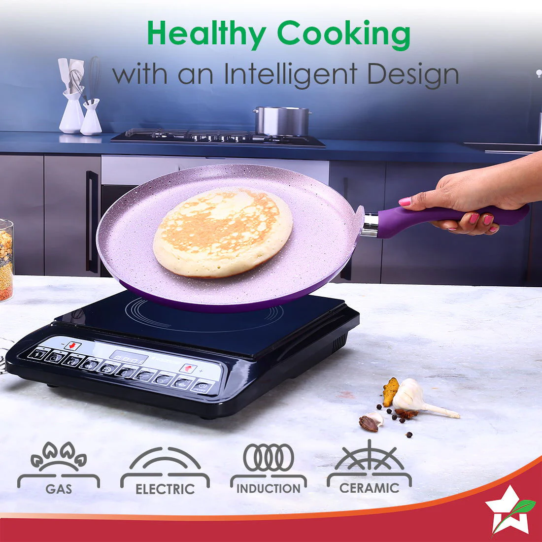 Royal Velvet Non-stick 28cm Dosa Tawa I Induction Ready | Soft-touch handles |Non – Toxic I Virgin Aluminium| 3 mm thick | 1.8 litres | 2 year warranty | Purple - Image 4