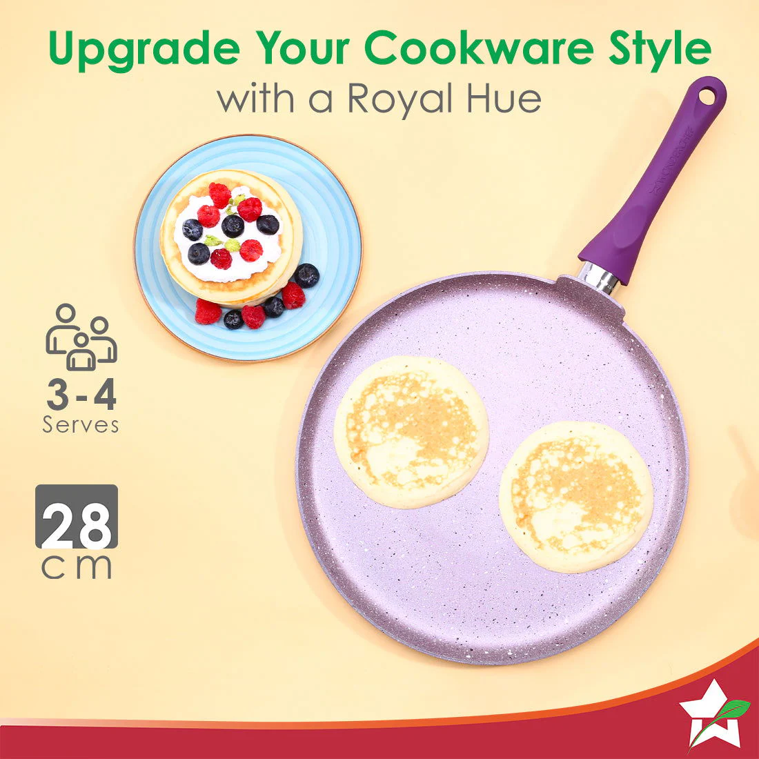 Royal Velvet Non-stick 28cm Dosa Tawa I Induction Ready | Soft-touch handles |Non – Toxic I Virgin Aluminium| 3 mm thick | 1.8 litres | 2 year warranty | Purple - Image 5