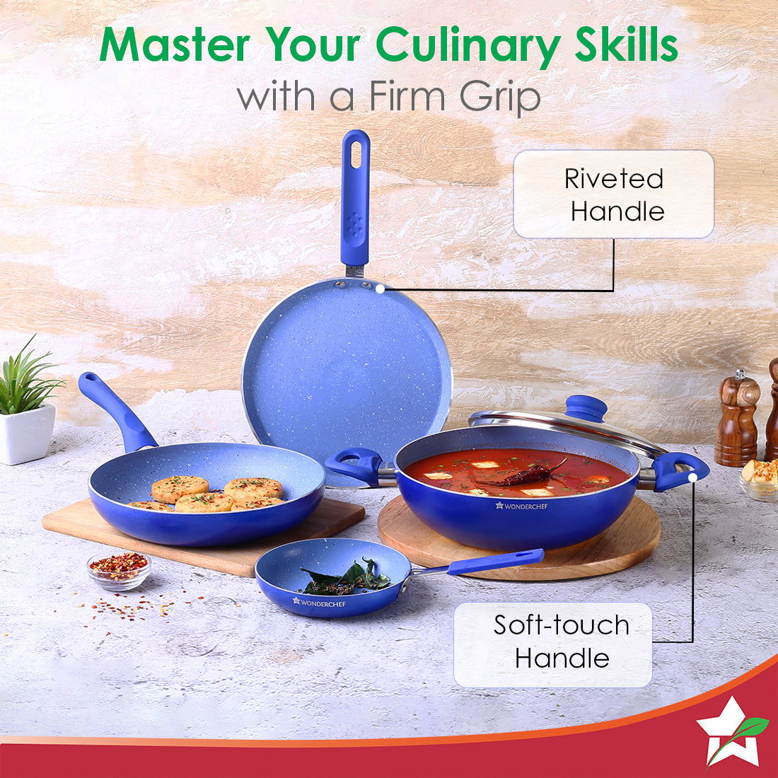 Royal Velvet Non-stick Cookware Set, 5Pc (Fry Pan with Lid, Wok, Dosa Tawa, Mini Fry Pan) Induction Bottom, Soft-touch Handles, Virgin Grade Aluminium, PFOA/Heavy Metals Free, 3mm, 2 Years Warranty, Blue - Image 5