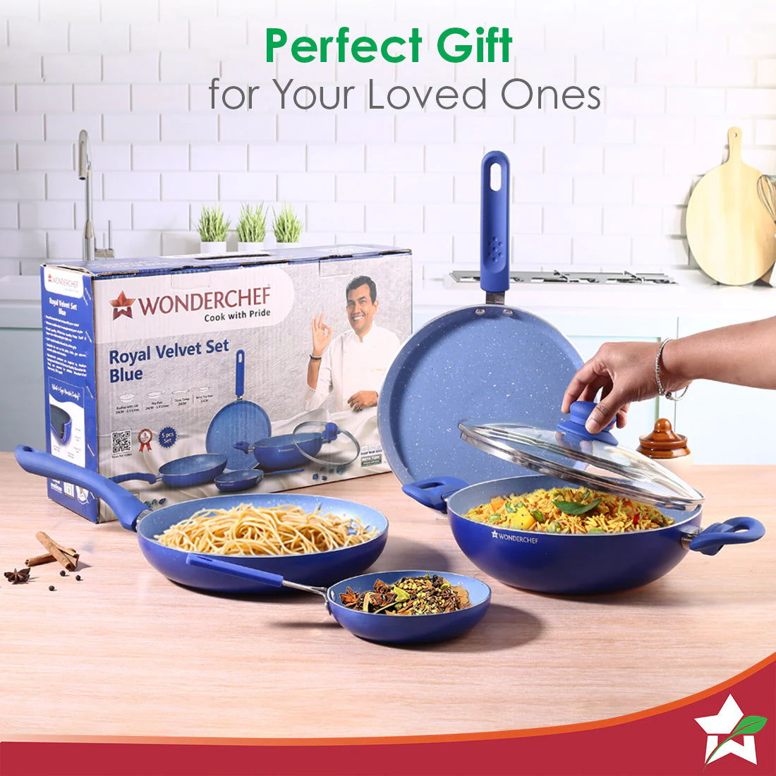 Royal Velvet Non-stick Cookware Set, 5Pc (Fry Pan with Lid, Wok, Dosa Tawa, Mini Fry Pan) Induction Bottom, Soft-touch Handles, Virgin Grade Aluminium, PFOA/Heavy Metals Free, 3mm, 2 Years Warranty, Blue - Image 7