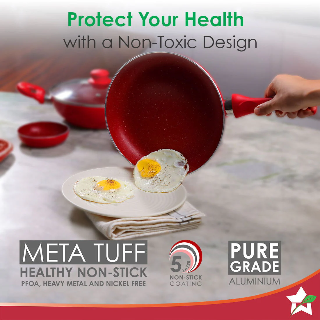 Royal Velvet Non-stick Cookware Set, 4Pc (Fry Pan with Lid, Wok, Dosa Tawa), Induction Bottom, Soft-touch Handles, Virgin Grade Aluminium, PFOA/Heavy Metals Free, 3mm, 2 Years Warranty, Red - Image 3