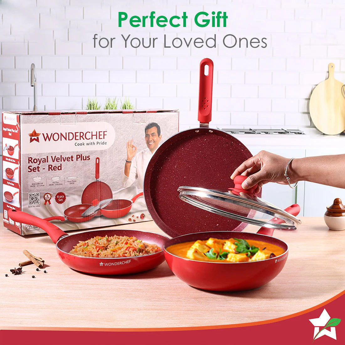 Royal Velvet Non-stick Cookware Set, 4Pc (Fry Pan with Lid, Wok, Dosa Tawa), Induction Bottom, Soft-touch Handles, Virgin Grade Aluminium, PFOA/Heavy Metals Free, 3mm, 2 Years Warranty, Red - Image 7