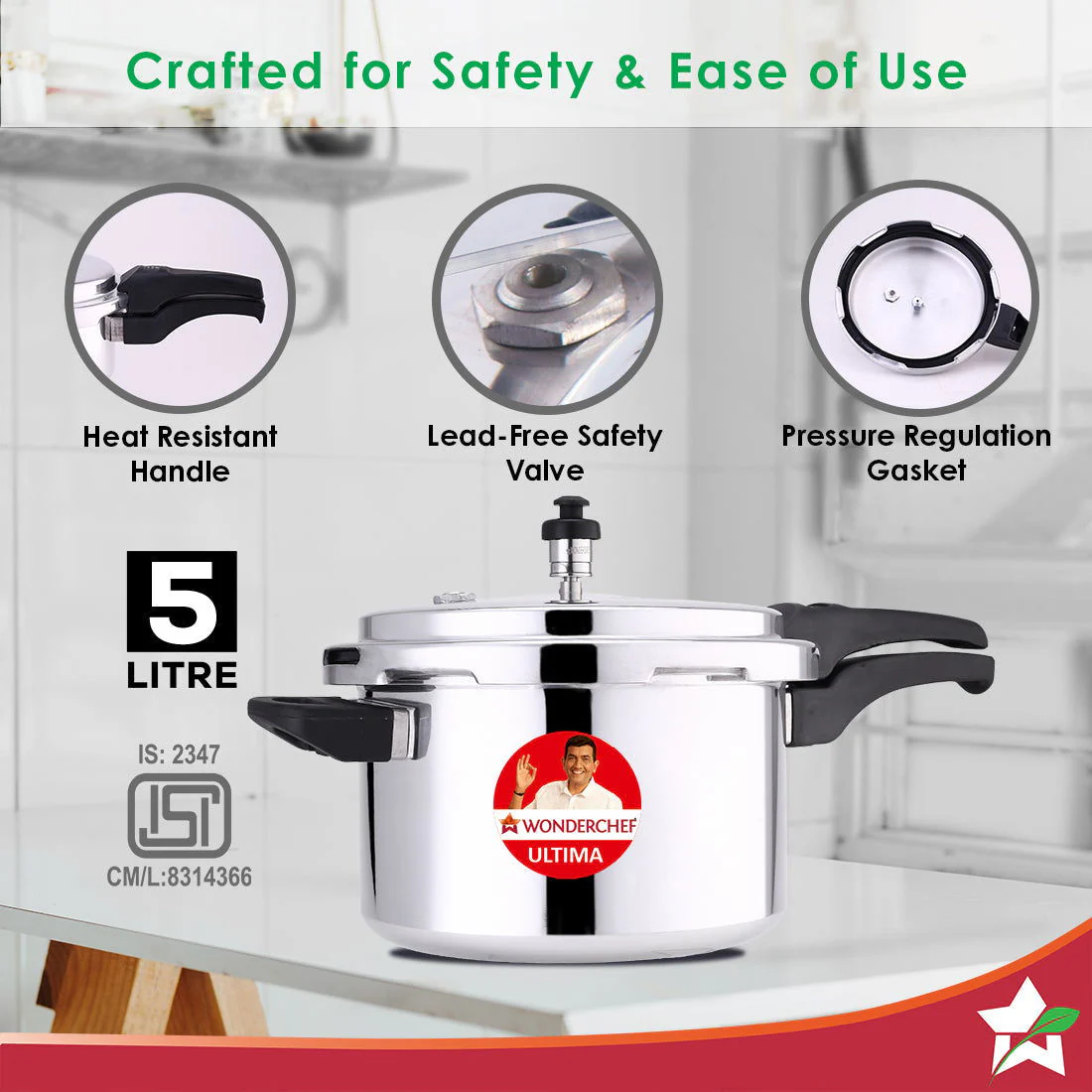Ultima Induction Base 5L Aluminium Pressure Cooker With Outer Lid - Image 3