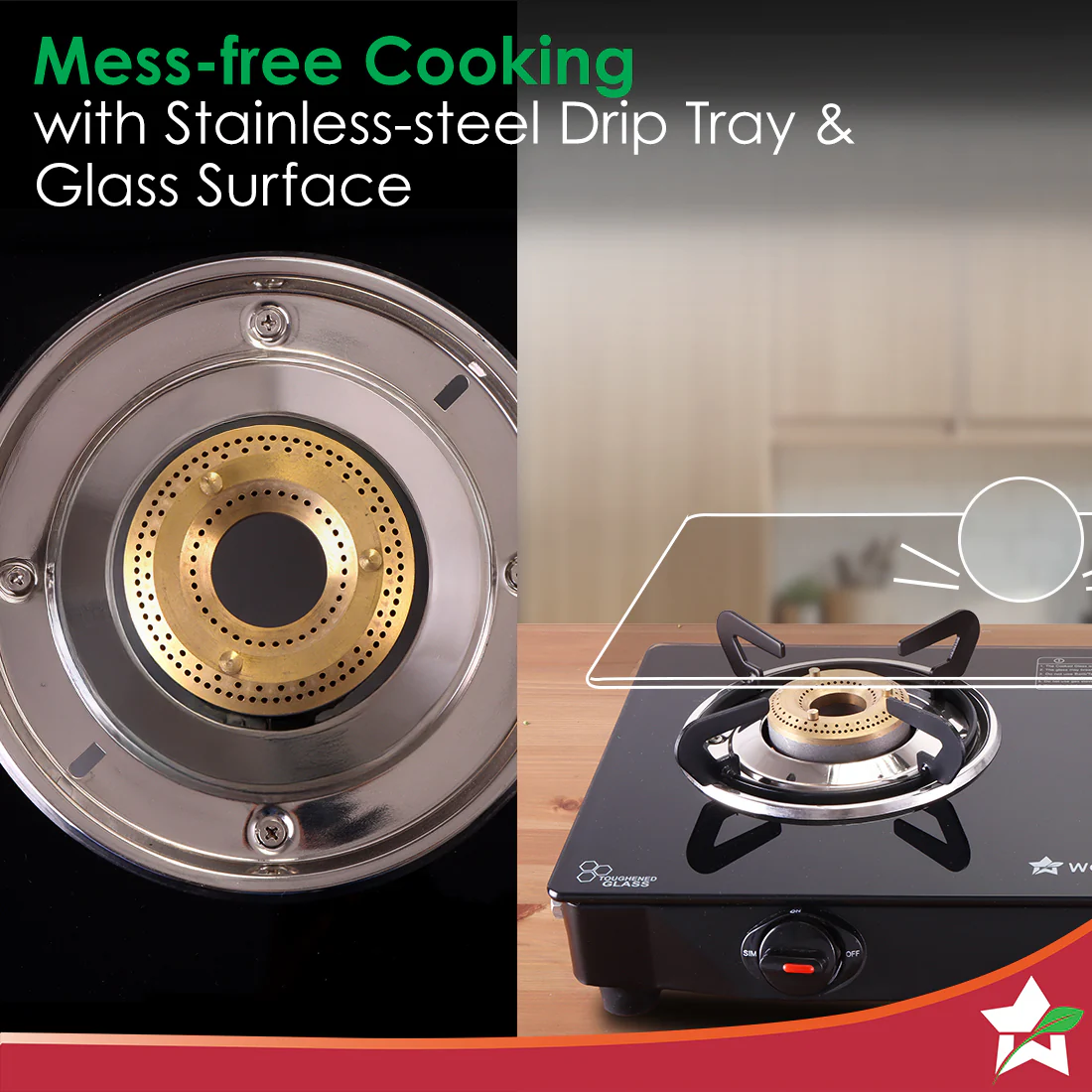 Zest Neo Gas Stove | 3 Burners (2 Medium, 1 Small) | Premium Glass Surface | Space Saving Design | Brass Burners | ISI Approved | Free Gas Lighter and Kitchen Knife | 2-Year Warranty - Image 4